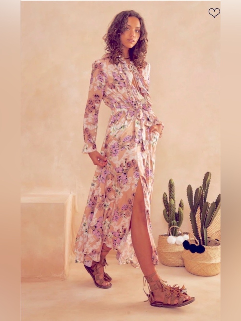Jaase Chantal Boho Floral Ruffle Romantic Maxi Dress Peach Pink Handcrafted M